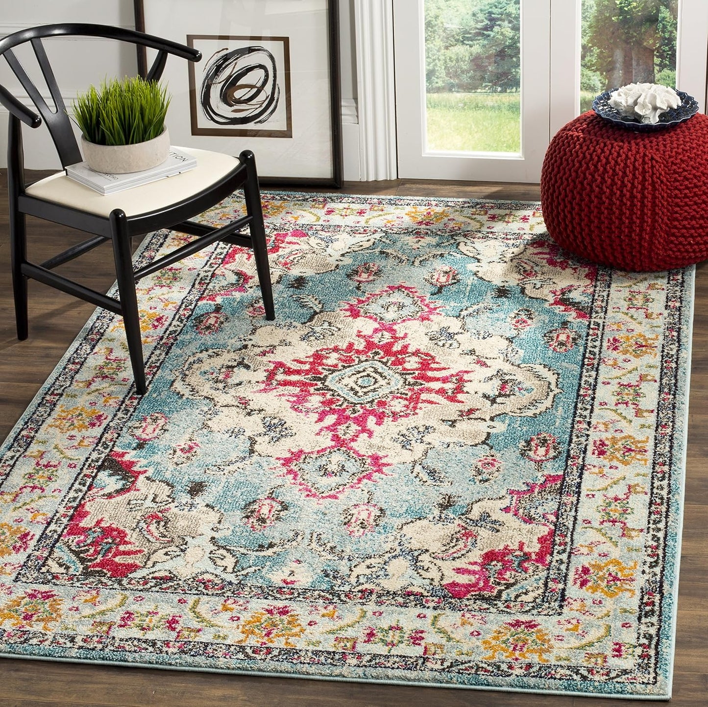Monaco Collection Accent Rug - 4' X 5'7", Light Blue & Fuchsia, Medallion Distressed Design, Non-Shedding & Easy Care, Ideal for High Traffic Areas in Entryway, Living Room, Bedroom (MNC243J)