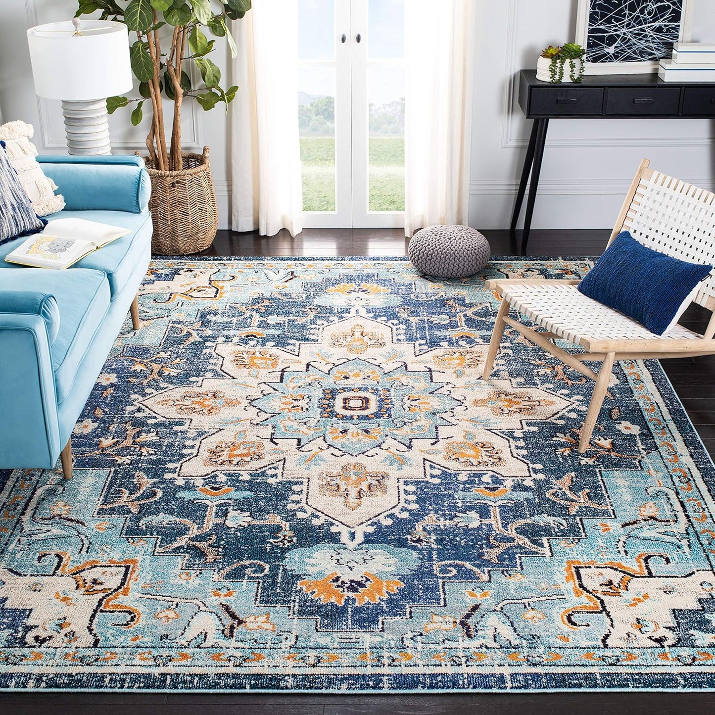 Area Rug 8X10 - Madison Collection - Large - Blue & Light Blue, Boho Chic Medallion Distressed Design, Non-Shedding & Easy Cleaning, Ideal for Living Room, Bedroom, Dining Space (MAD473M)