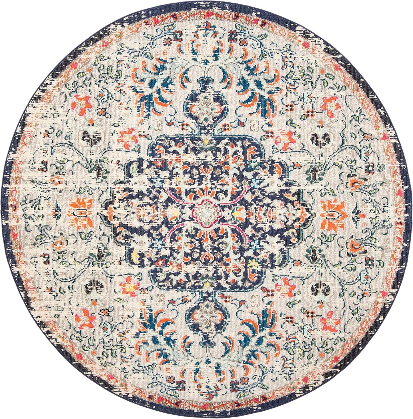 Madison Collection Area Rug - 6'7" Round, Beige & Black, Boho Chic Medallion Distressed Design, Non-Shedding & Easy Care, Ideal for High Traffic Areas in Living Room, Bedroom (MAD447B)