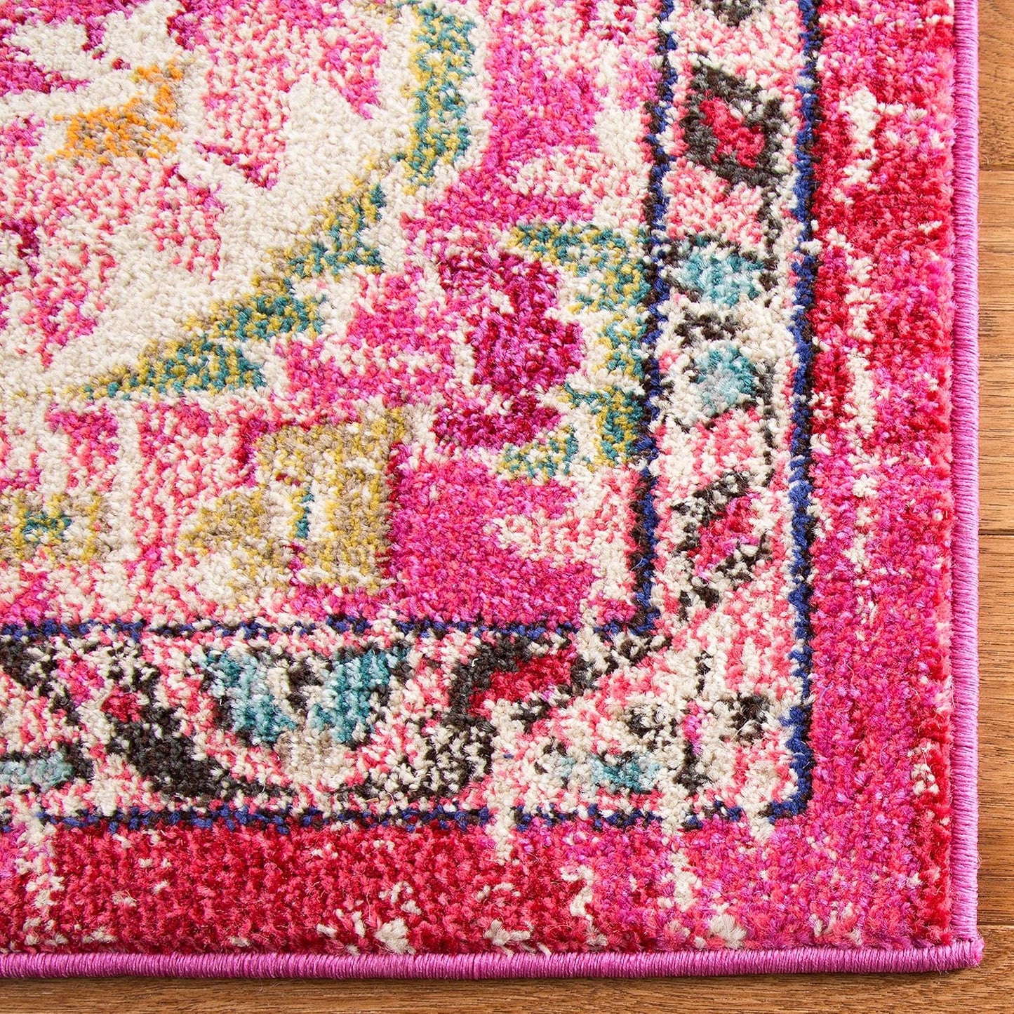Monaco Collection Area Rug - 5' Square, Pink & Multi, Boho Chic Medallion Distressed Design, Non-Shedding & Easy Care, Ideal for High Traffic Areas in Living Room, Bedroom (MNC243D)