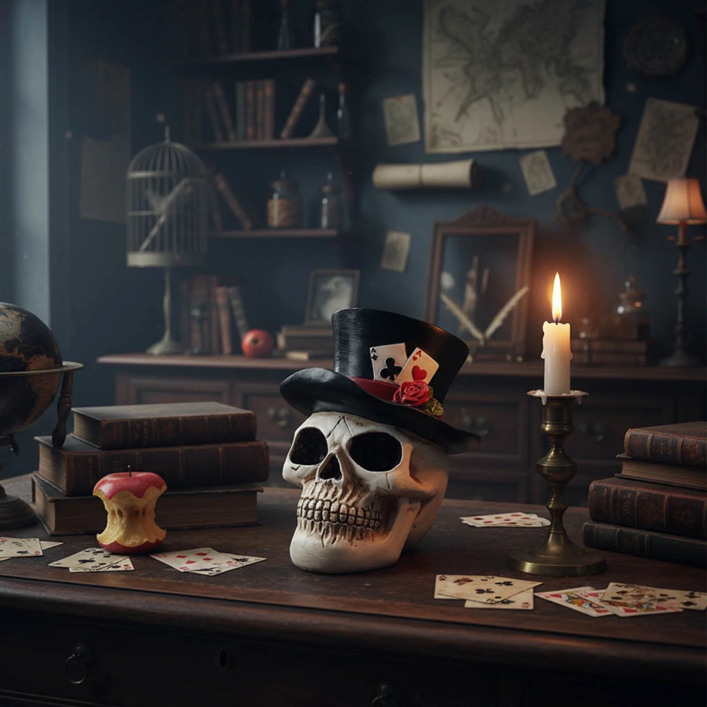 Halloween Skull Decorations Indoor, Gothic Skull Figurine with Top Hat and Rose, Resin Skull Head Decor
