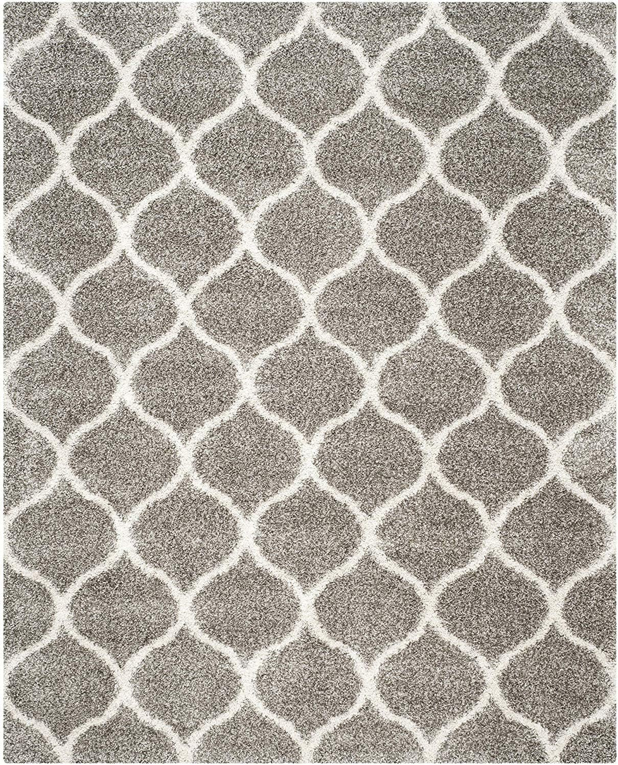 Hudson Shag Collection Area Rug - 10' X 14', Grey & Ivory, Moroccan Ogee Trellis Design, Non-Shedding & Easy Care, 2-Inch Thick Ideal for High Traffic Areas in Living Room, Bedroom (SGH280B)