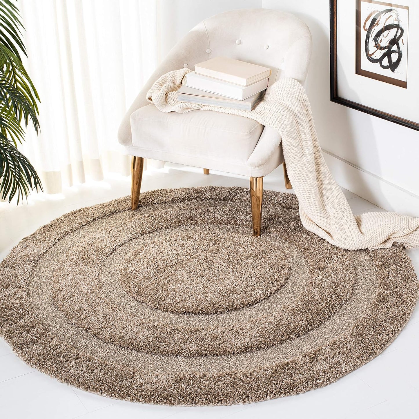 Florida Shag Collection Area Rug - 6'7" Round, Beige & Beige, Border Design, Non-Shedding & Easy Care, 1.2-Inch Thick Ideal for High Traffic Areas in Living Room, Bedroom (SG454-1313)