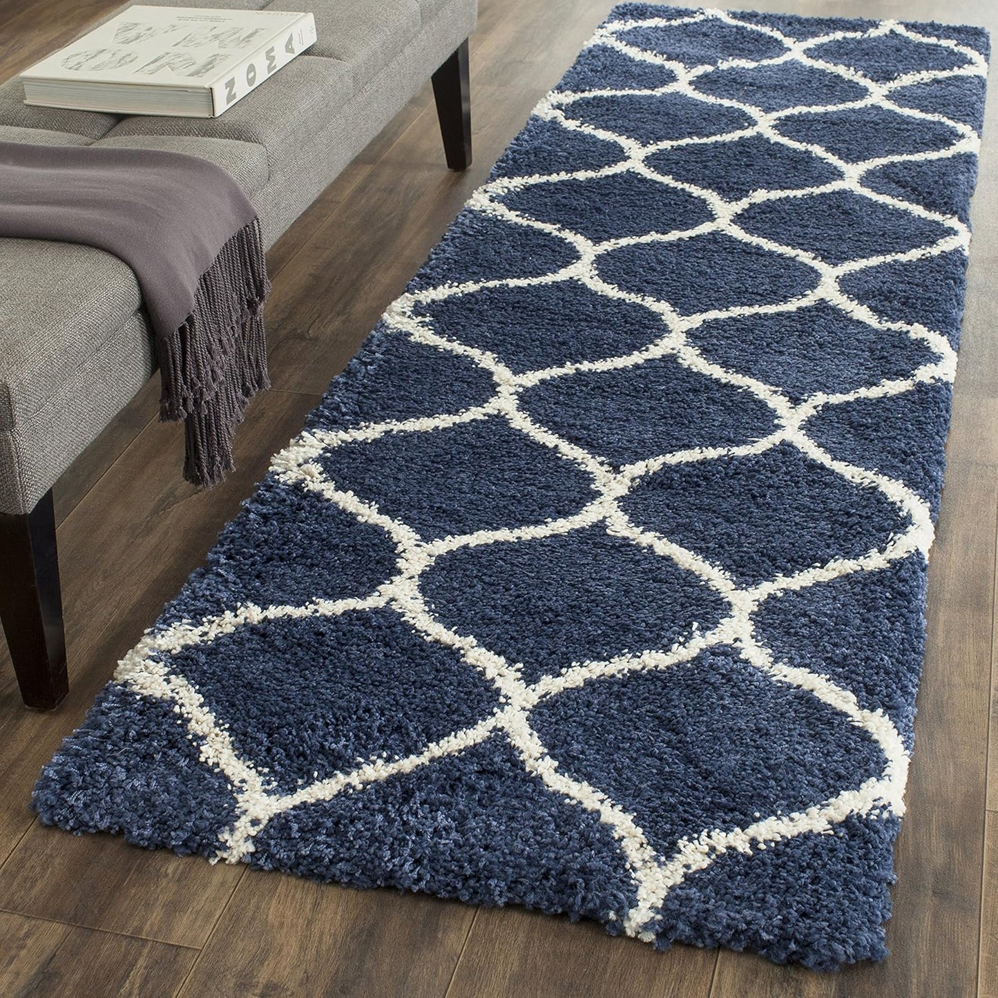 Hudson Shag Collection Runner Rug - 2'3" X 6', Navy & Ivory, Moroccan Trellis Design, Non-Shedding & Easy Care, 2-Inch Thick Ideal for High Traffic Areas in Living Room, Bedroom (SGH280C)