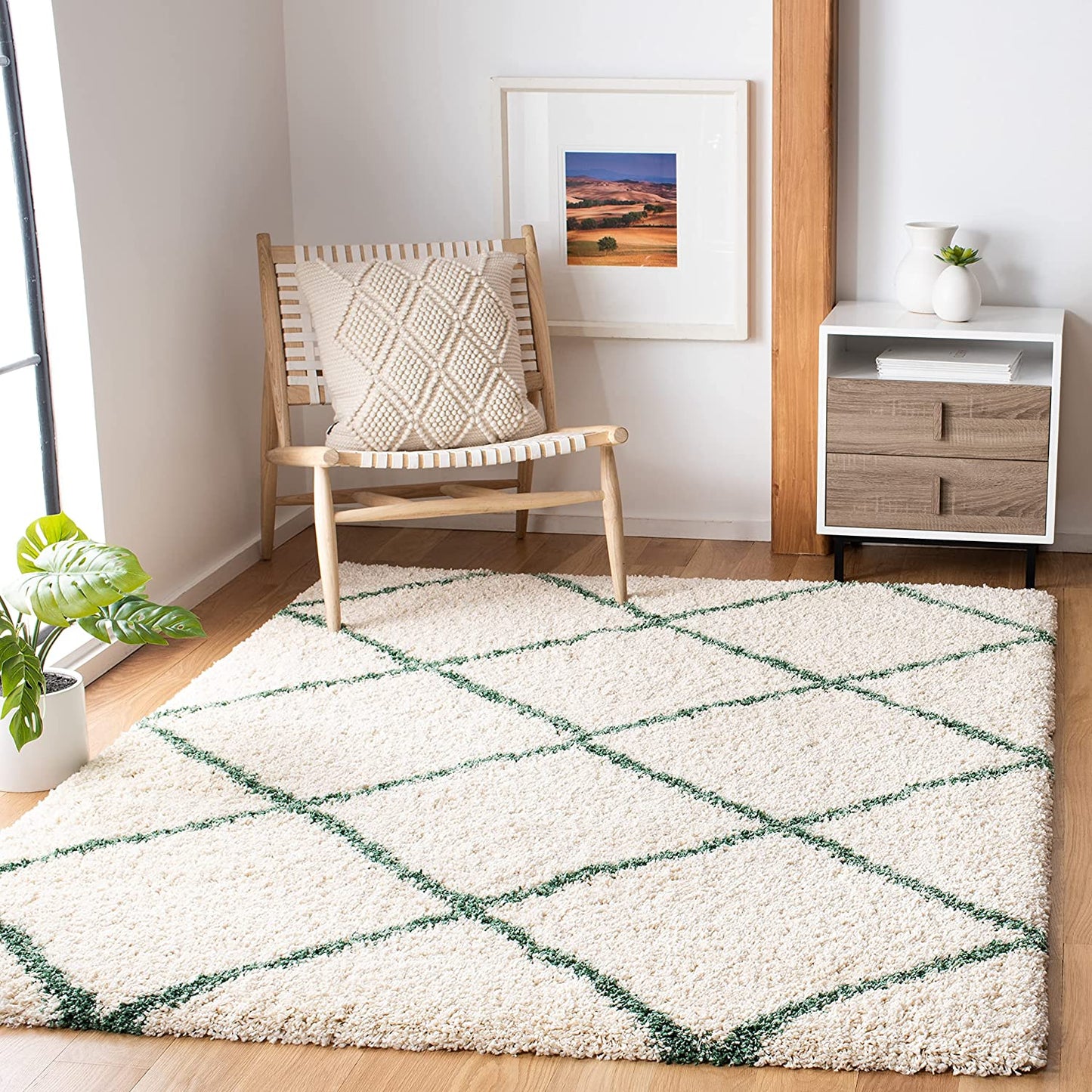 Hudson Shag Collection Area Rug - 8' X 10', Ivory & Green, Modern Trellis Design, Non-Shedding & Easy Care, 2-Inch Thick Ideal for High Traffic Areas in Living Room, Bedroom (SGH281X)