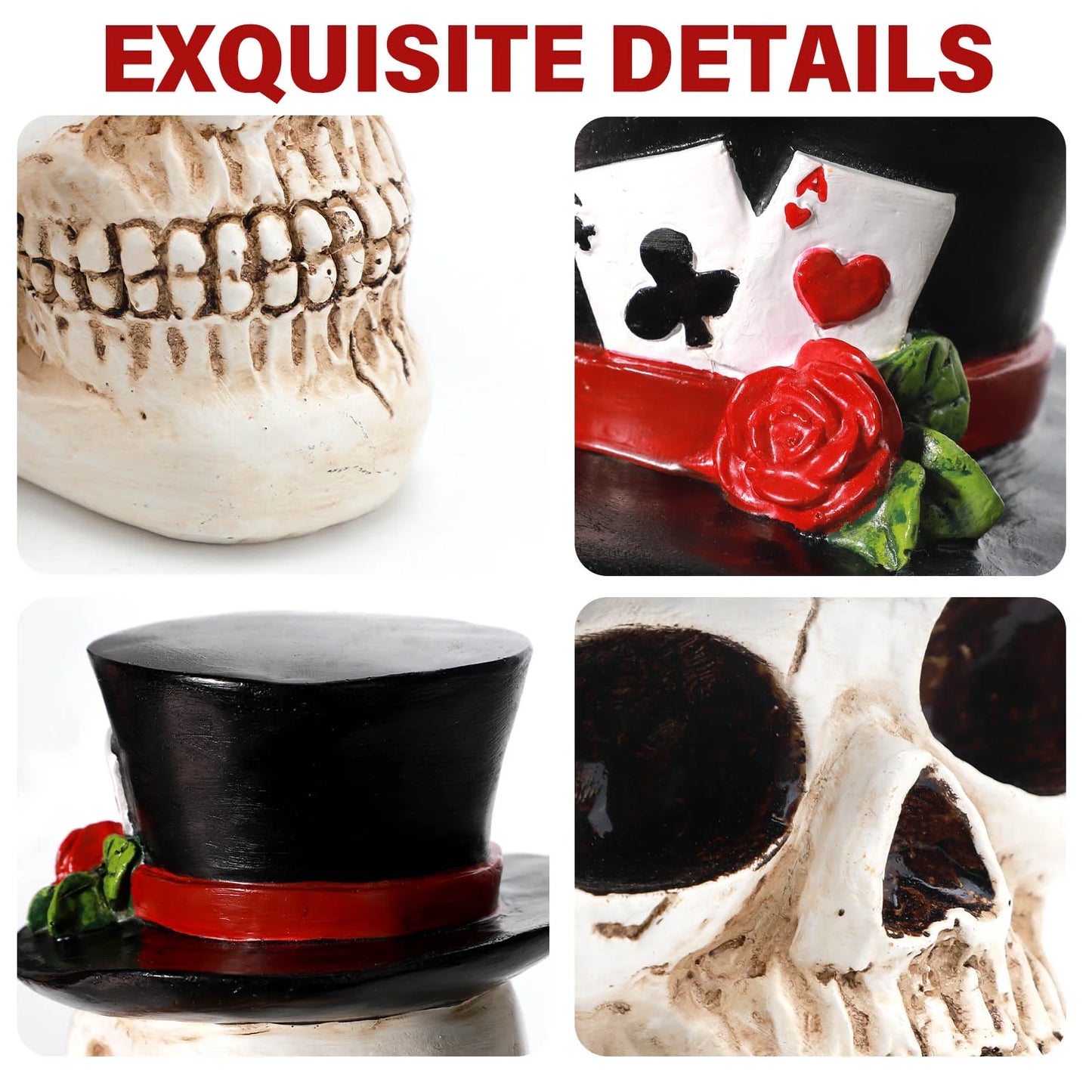 Halloween Skull Decorations Indoor, Gothic Skull Figurine with Top Hat and Rose, Resin Skull Head Decor