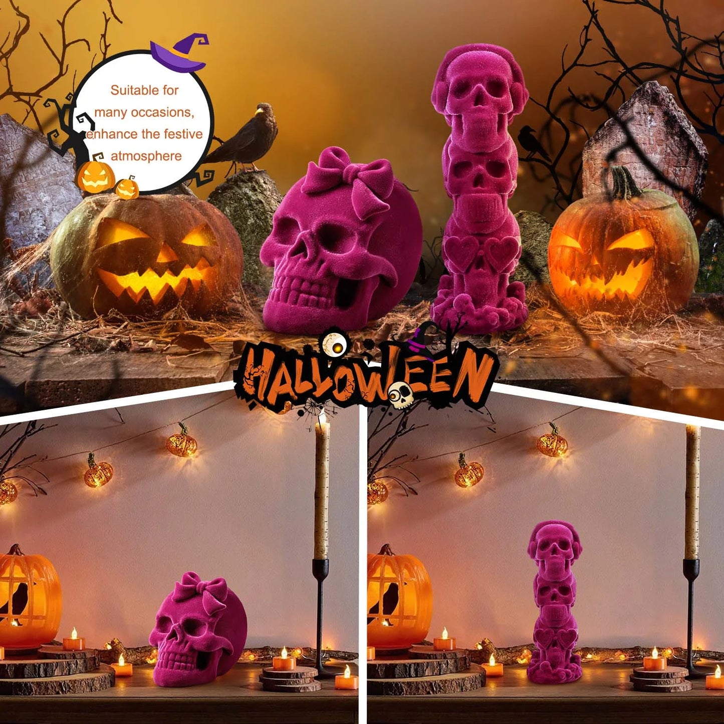 Halloween Decoration Indoor, Pink Halloween Decor, Halloween Skulls for Gothic Decor, Halloween Prop , 2Pcs