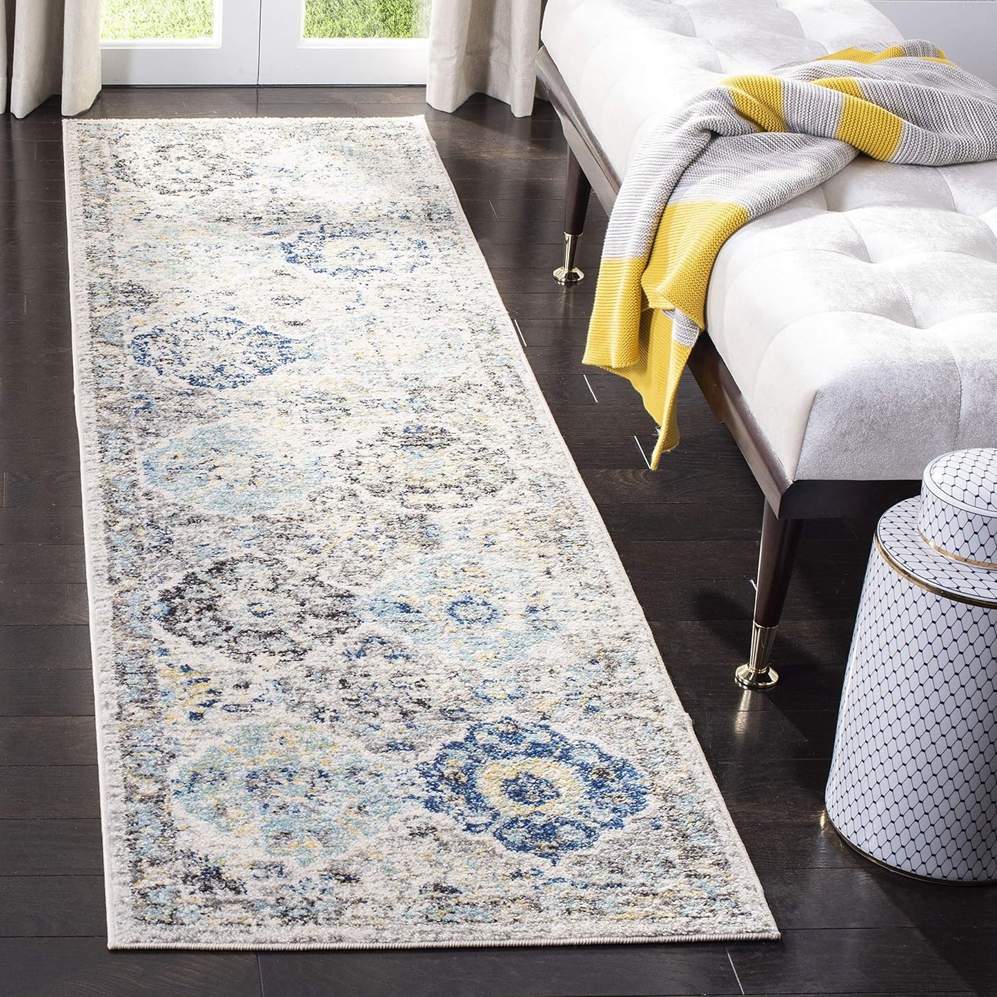 Madison Collection Runner Rug - 2'3" X 18', Ivory & Aqua, Boho Chic Distressed Design, Non-Shedding & Easy Care, Ideal for High Traffic Areas in Living Room, Bedroom (MAD611A)