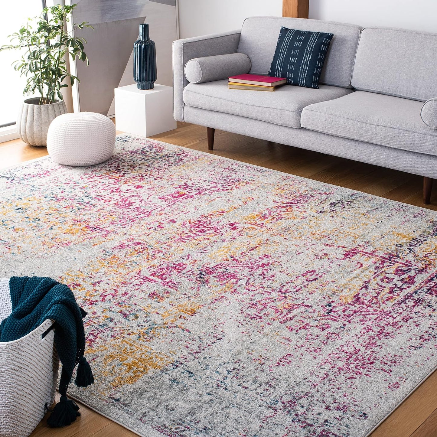 Evoke Collection Area Rug - 6'7" Square, Ivory & Fuchsia, Oriental Distressed Design, Non-Shedding & Easy Care, Ideal for High Traffic Areas in Living Room, Bedroom (EVK256Q)