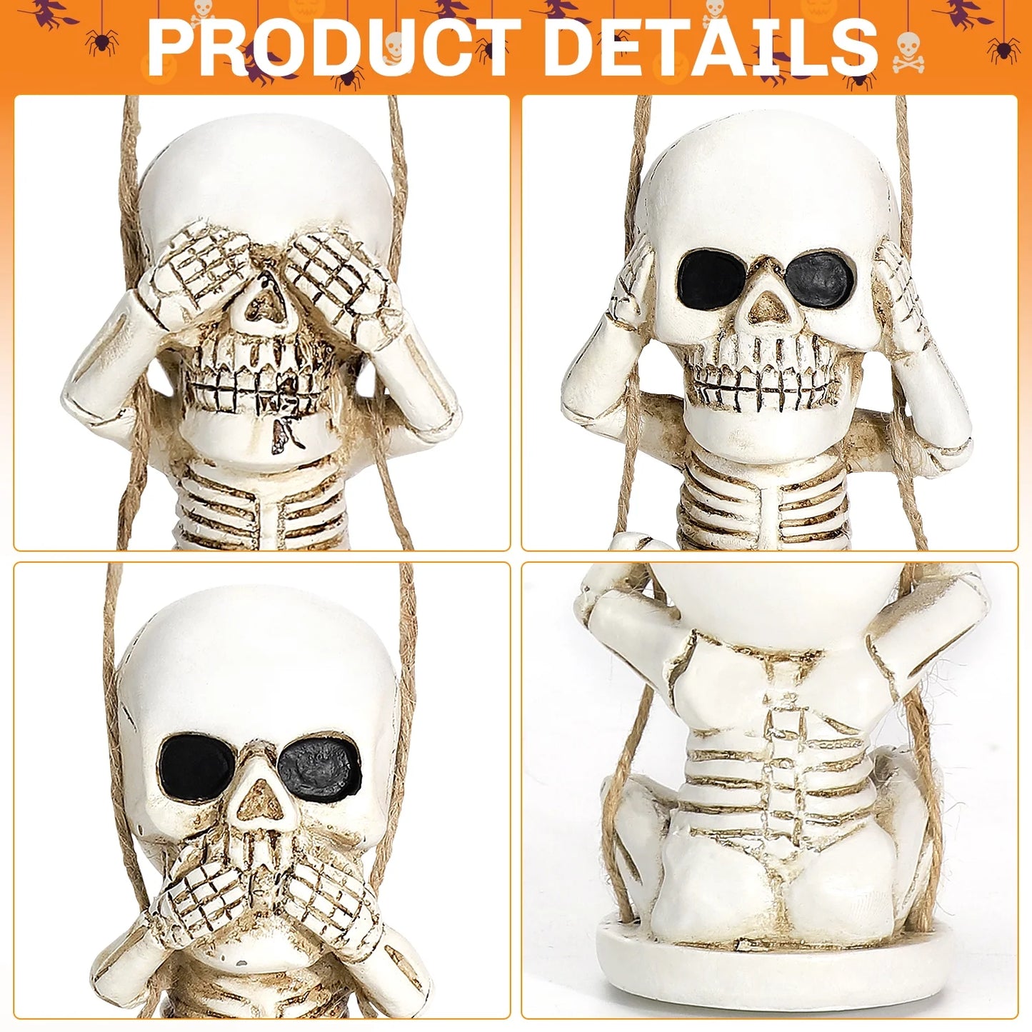 Halloween Skeleton Decor Set of 3, See Hear Speak No Evil Skeleton for Halloween Decorations Outdoor Indoor