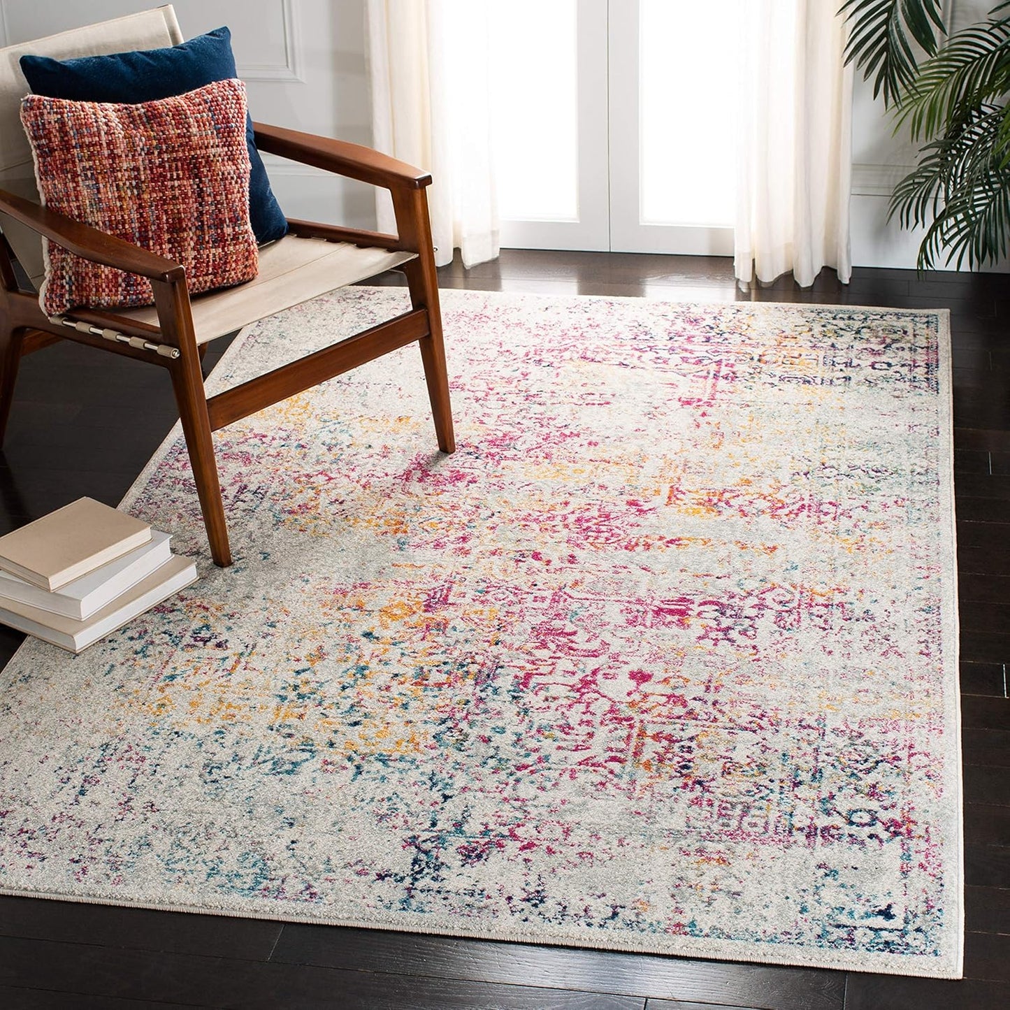 Evoke Collection Area Rug - 6'7" Square, Ivory & Fuchsia, Oriental Distressed Design, Non-Shedding & Easy Care, Ideal for High Traffic Areas in Living Room, Bedroom (EVK256Q)