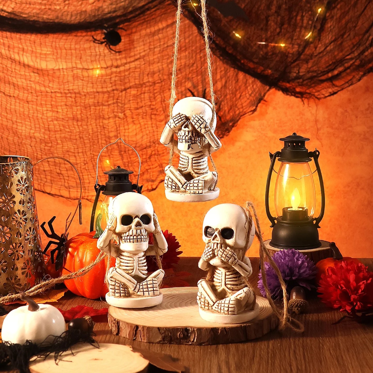 Halloween Skeleton Decor Set of 3, See Hear Speak No Evil Skeleton for Halloween Decorations Outdoor Indoor