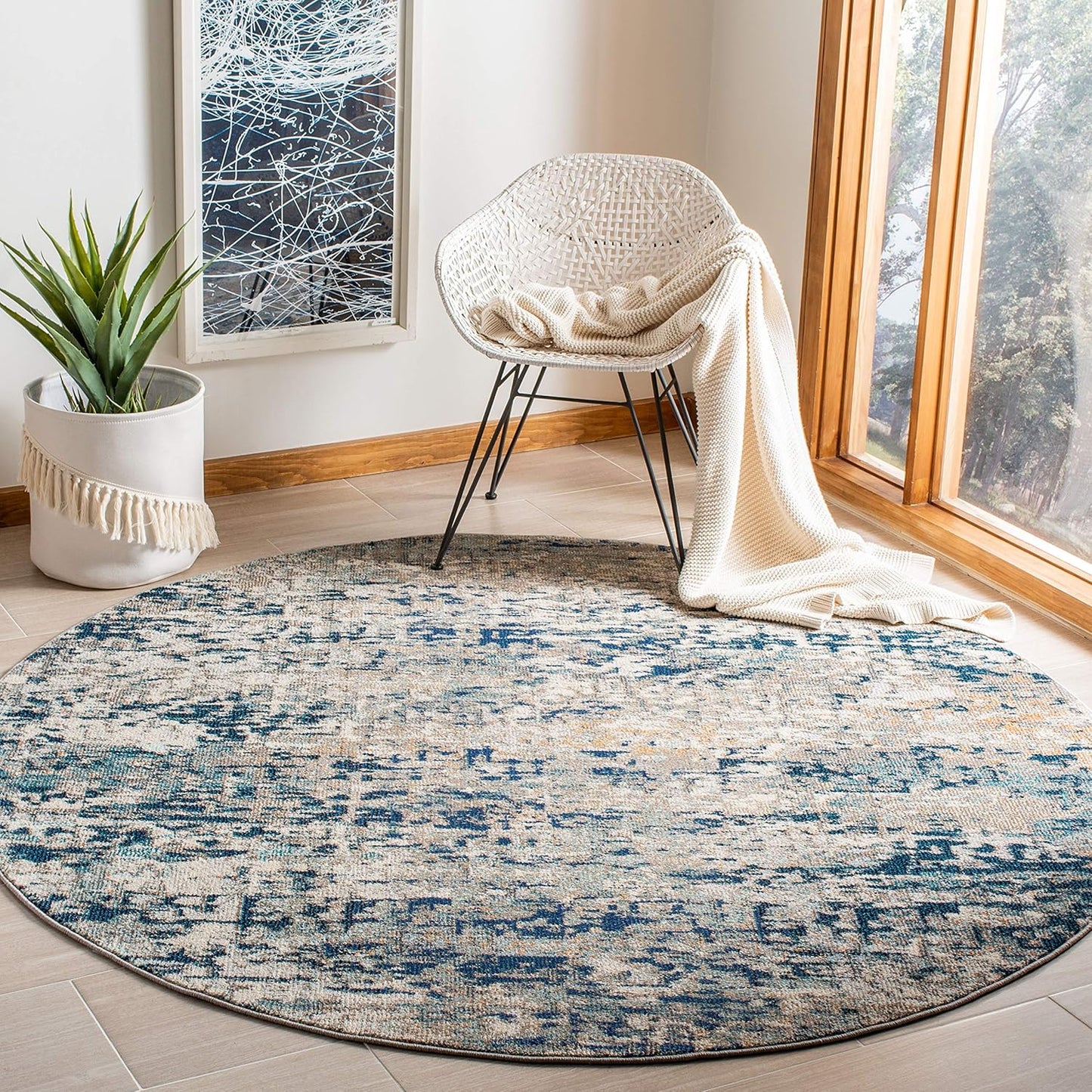 Madison Collection Area Rug - 5' Round, Grey & Blue, Modern Abstract Design, Non-Shedding & Easy Care, Ideal for High Traffic Areas in Living Room, Bedroom (MAD460K)