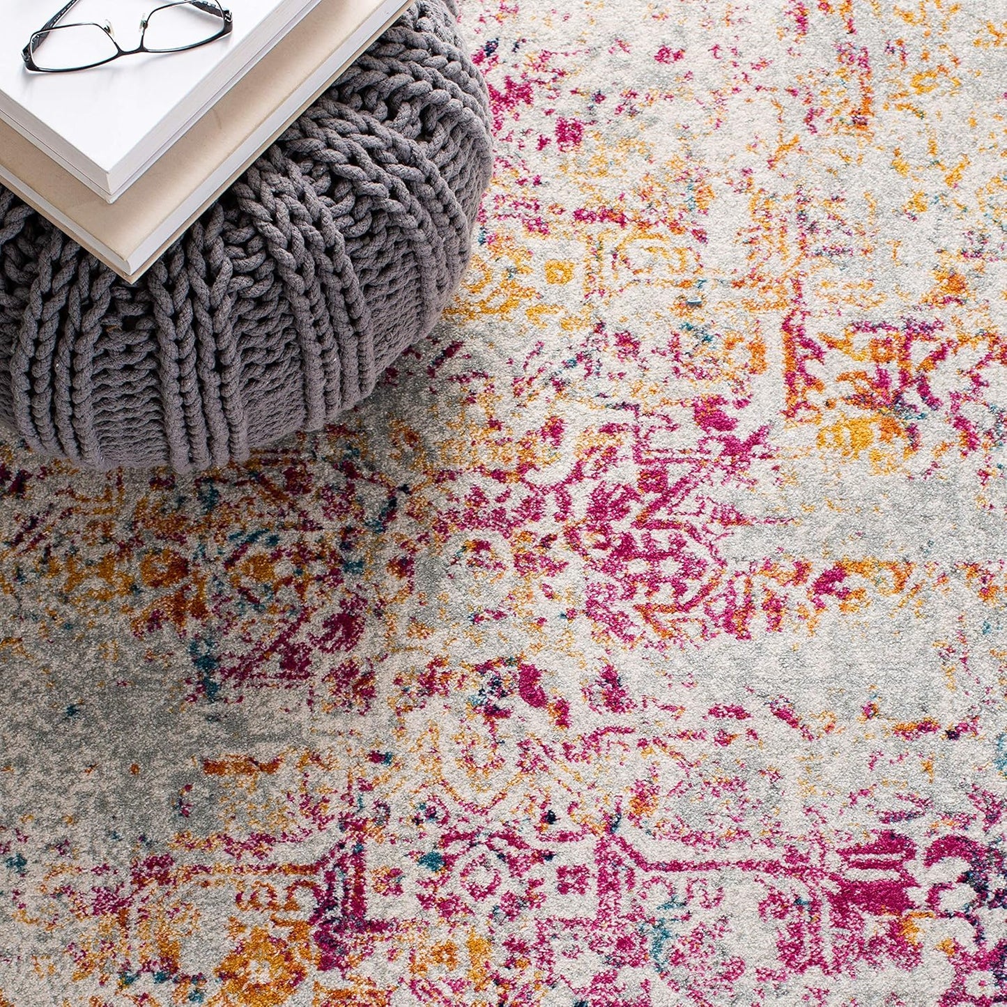 Evoke Collection Area Rug - 6'7" Square, Ivory & Fuchsia, Oriental Distressed Design, Non-Shedding & Easy Care, Ideal for High Traffic Areas in Living Room, Bedroom (EVK256Q)