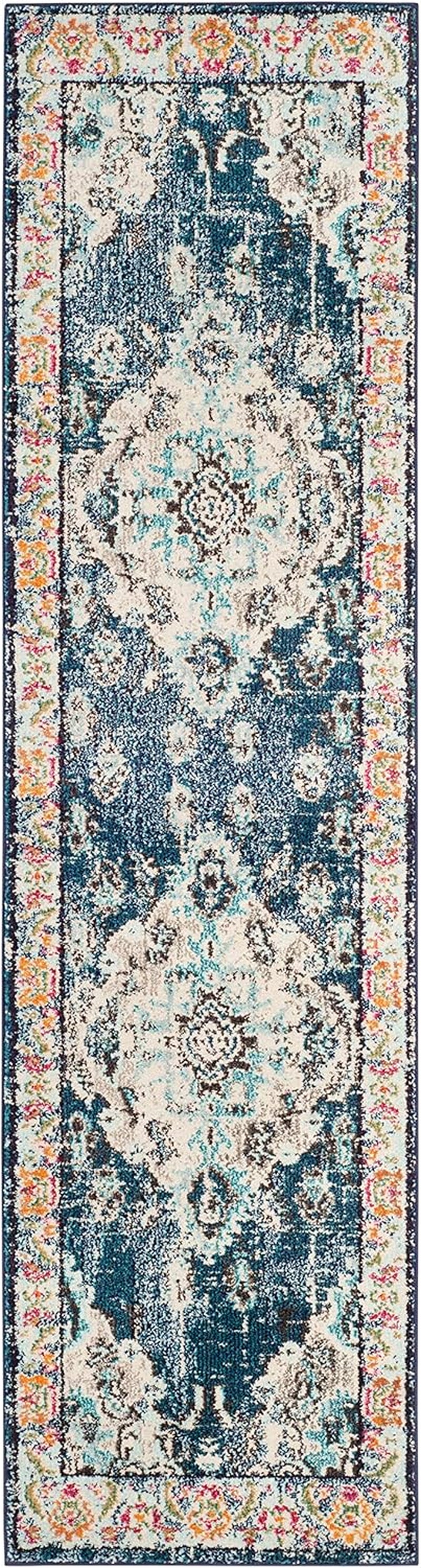 Monaco Collection Runner Rug - 2'2" X 6', Navy & Light Blue, Boho Chic Medallion Distressed Design, Non-Shedding & Easy Care, Ideal for High Traffic Areas in Living Room, Bedroom (MNC243N)