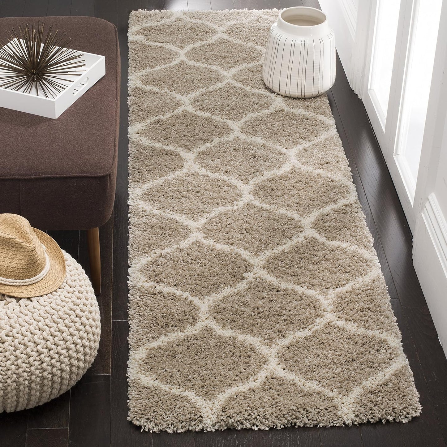 Hudson Shag Collection Runner Rug - 2'3" X 10', Beige & Ivory, Trellis Design, Non-Shedding & Easy Care, 2-Inch Thick Ideal for High Traffic Areas in Living Room, Bedroom (SGH280S)
