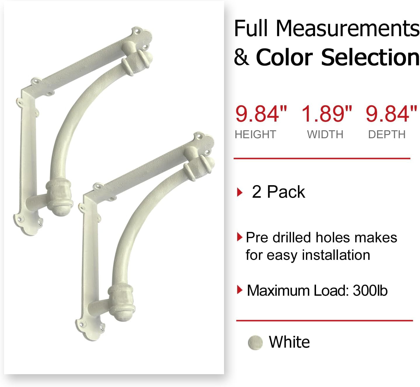 Decorative Shelf Brackets, 2 Pack of 9.6 X 1.7 X 9.6 Inch White Cast Iron Shelf Brackets - Decorative Brackets White - Half round Style Brackets