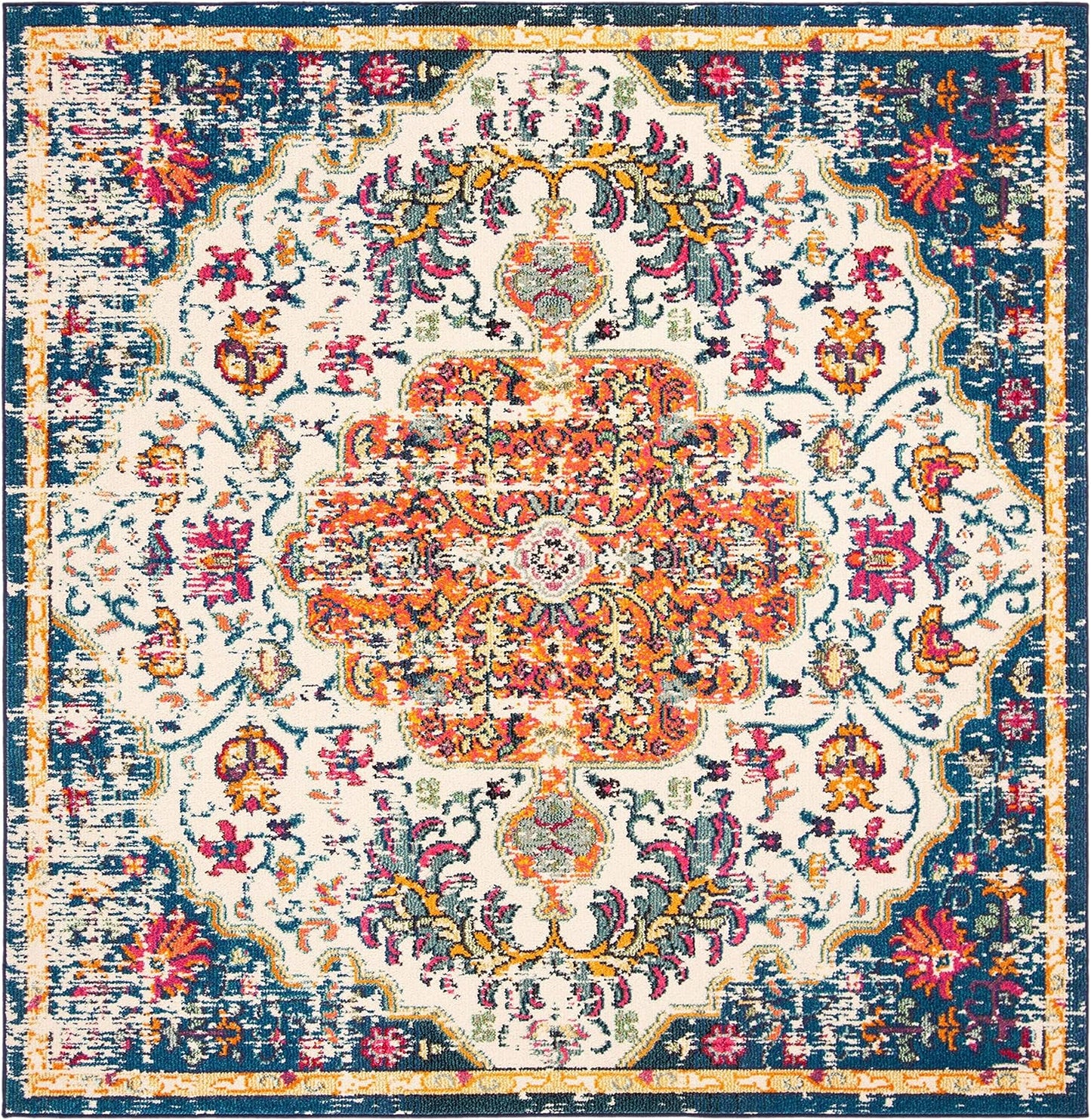 Madison Collection Area Rug - 6'7" Square, Ivory & Orange, Boho Chic Medallion Distressed Design, Non-Shedding & Easy Care, Ideal for High Traffic Areas in Living Room, Bedroom (MAD447A)