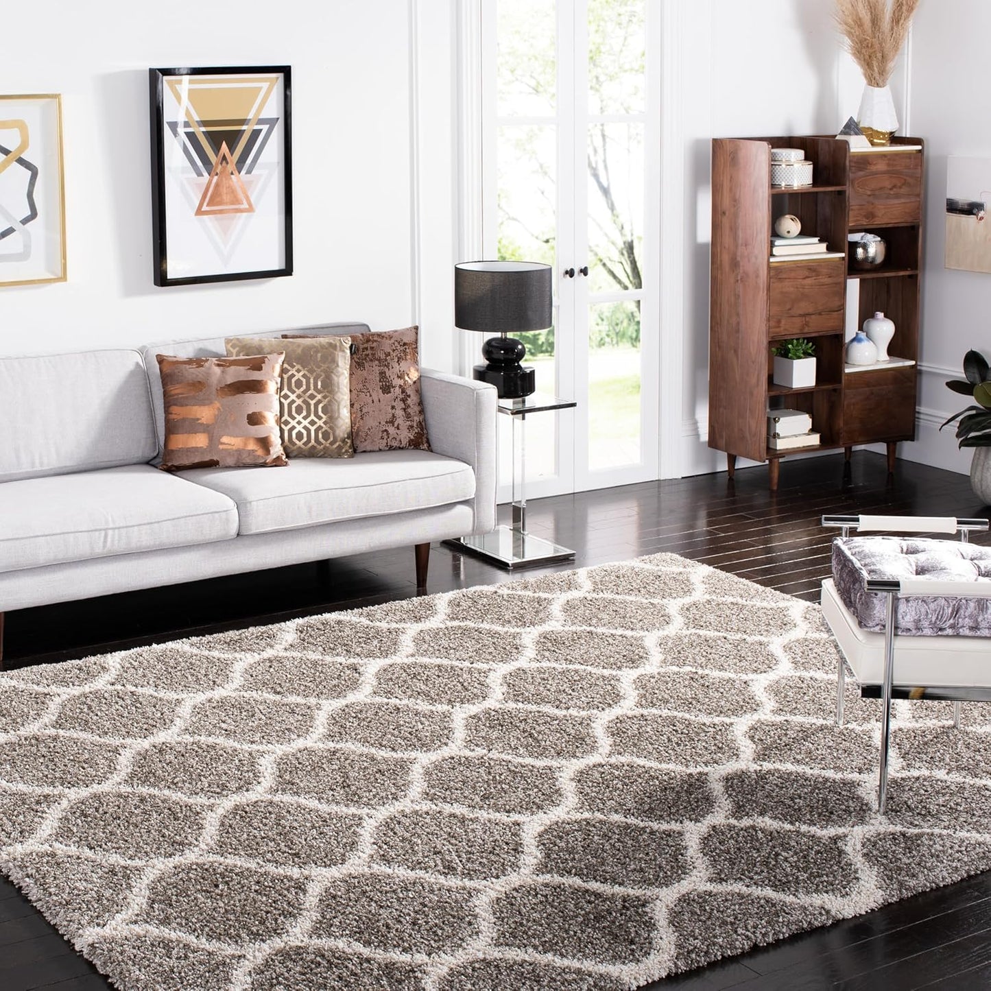 Hudson Shag Collection Area Rug - 10' X 14', Grey & Ivory, Moroccan Ogee Trellis Design, Non-Shedding & Easy Care, 2-Inch Thick Ideal for High Traffic Areas in Living Room, Bedroom (SGH280B)