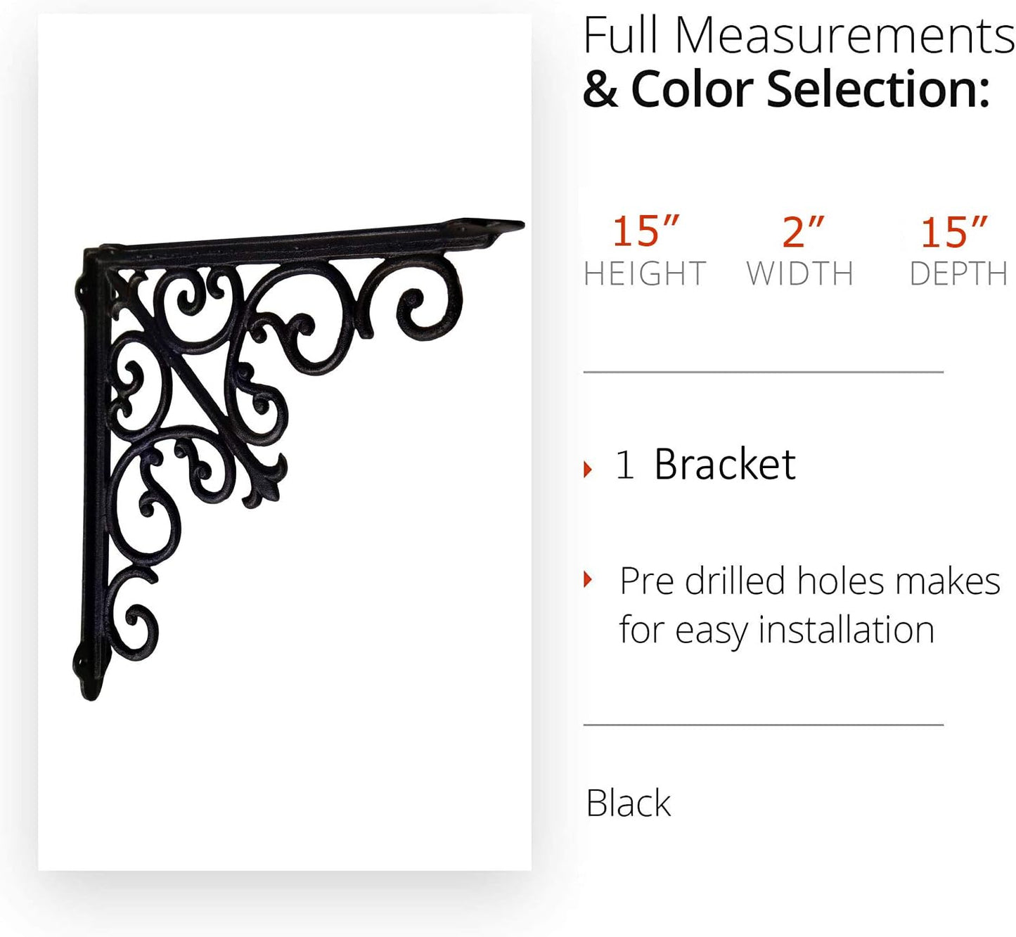 Decorative Shelf Brackets, 1 Pack of 15 X 2 X 15 Inch, Black Cast Iron Wall Shelf Brackets - Decorative Bookshelf Brackets - Victorian Style Shelf Bracket