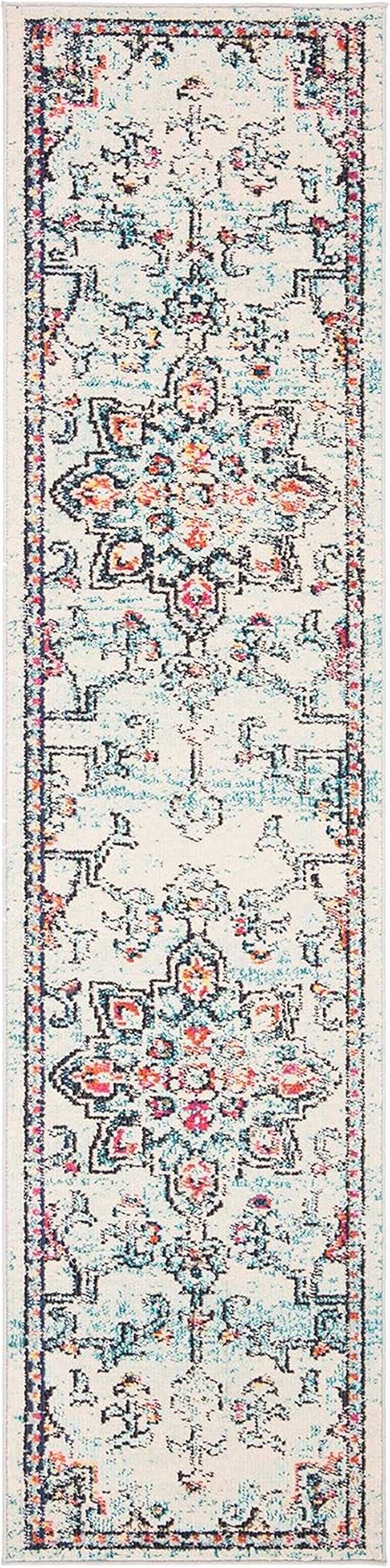 Madison Collection Runner Rug - 2' X 8', Cream & Blue, Boho Chic Medallion Distressed Design, Non-Shedding & Easy Care, Ideal for High Traffic Areas in Living Room, Bedroom (MAD473B)