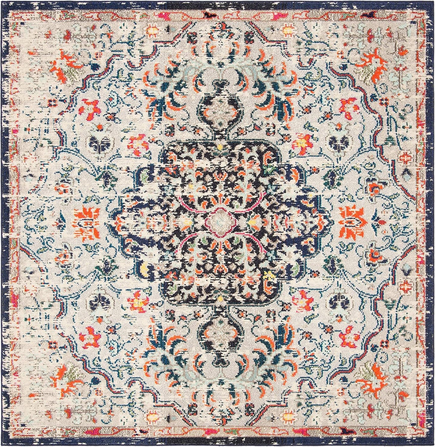 Madison Collection Area Rug - 3' Square, Beige & Black, Boho Chic Medallion Distressed Design, Non-Shedding & Easy Care, Ideal for High Traffic Areas in Living Room, Bedroom (MAD447B)