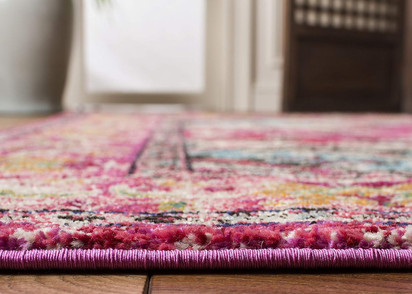 Monaco Collection Accent Rug - 4' X 5'7", Pink & Multi, Boho Medallion Distressed Design, Non-Shedding & Easy Care, Ideal for High Traffic Areas in Entryway, Living Room, Bedroom (MNC243D)