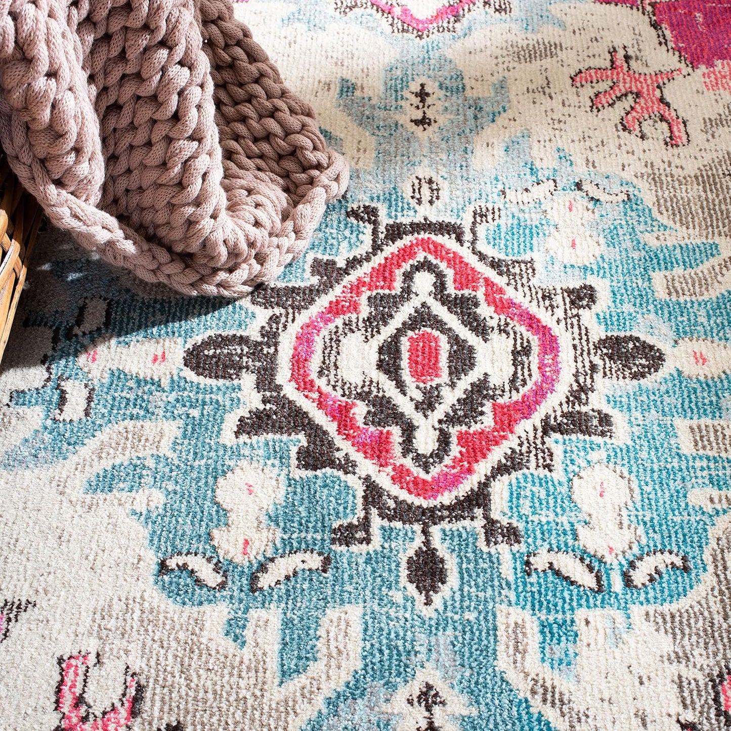 Monaco Collection Area Rug - 5' Square, Pink & Multi, Boho Chic Medallion Distressed Design, Non-Shedding & Easy Care, Ideal for High Traffic Areas in Living Room, Bedroom (MNC243D)