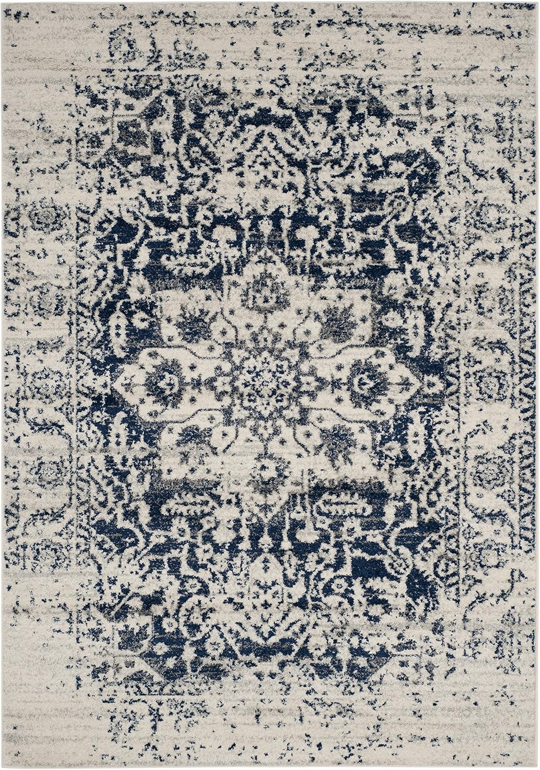 Madison Collection Accent Rug - 4' X 6', Cream & Navy, Snowflake Medallion Distressed Design, Non-Shedding & Easy Care, Ideal for High Traffic Areas in Foyer, Living Room, Bedroom (MAD603D)