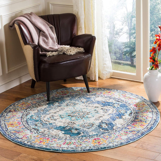 Monaco Collection Area Rug - 5' Round, Navy & Light Blue, Boho Chic Medallion Distressed Design, Non-Shedding & Easy Care, Ideal for High Traffic Areas in Living Room, Bedroom (MNC243N)