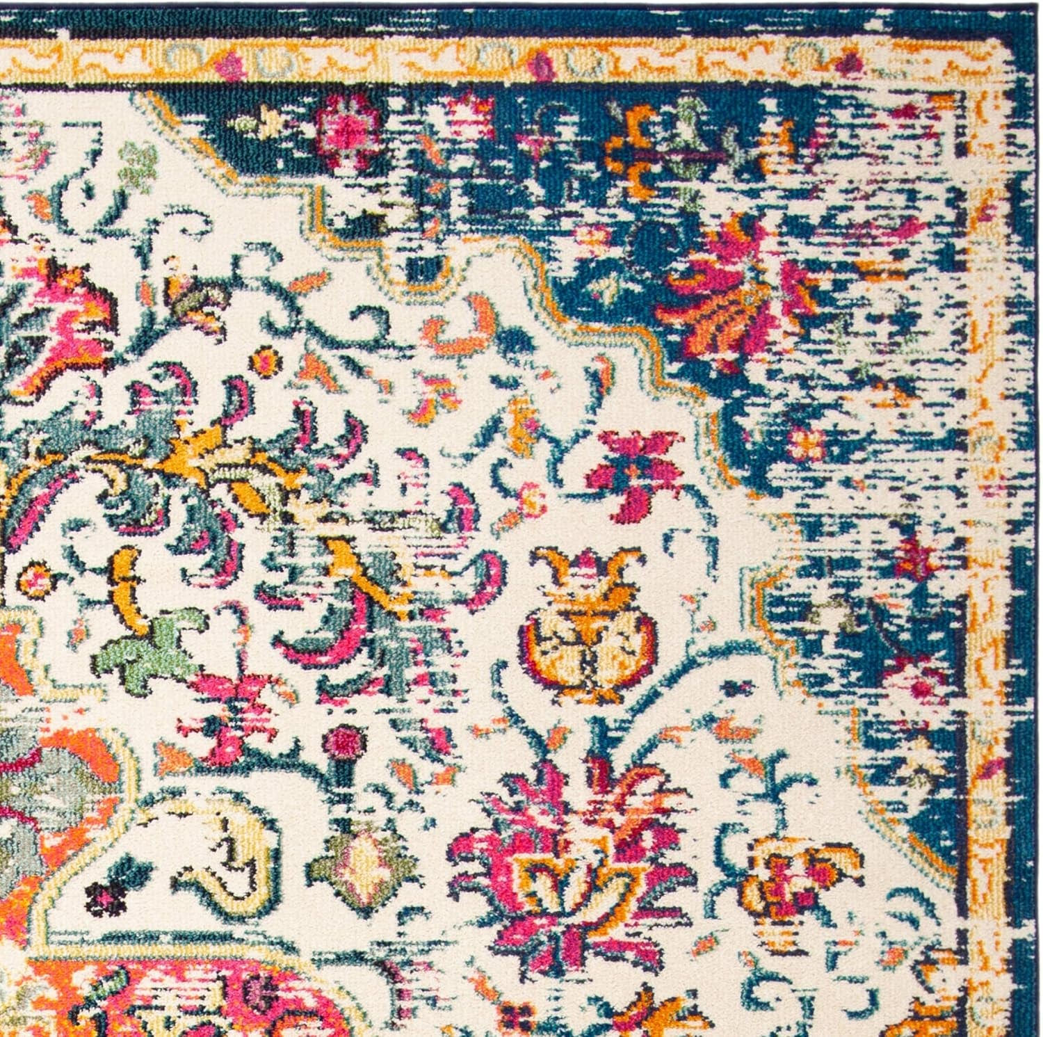 Madison Collection Area Rug - 6'7" Square, Ivory & Orange, Boho Chic Medallion Distressed Design, Non-Shedding & Easy Care, Ideal for High Traffic Areas in Living Room, Bedroom (MAD447A)