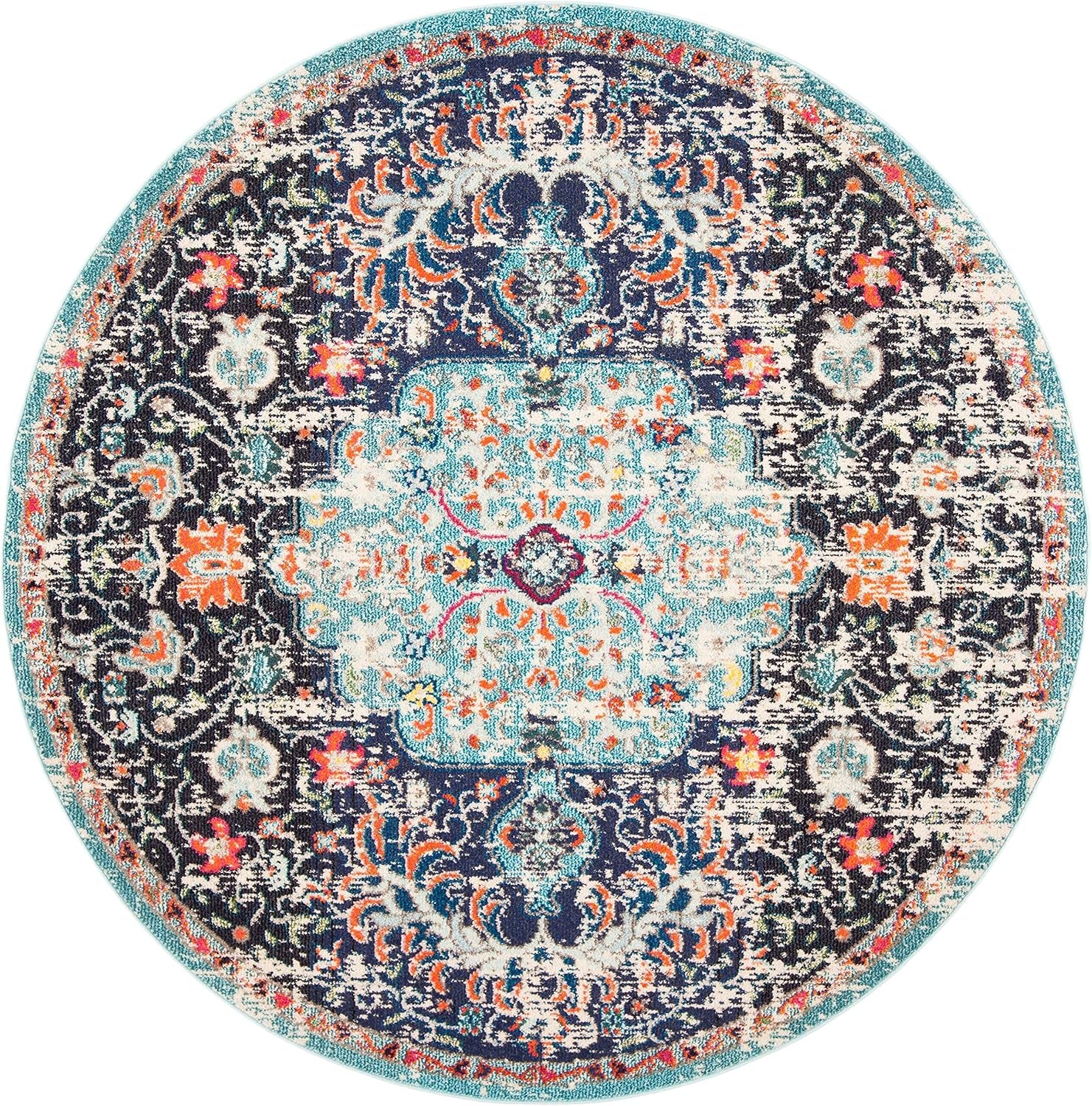 Madison Collection Area Rug - 6'7" Round, Black & Teal, Boho Chic Medallion Distressed Design, Non-Shedding & Easy Care, Ideal for High Traffic Areas in Living Room, Bedroom (MAD447Z)