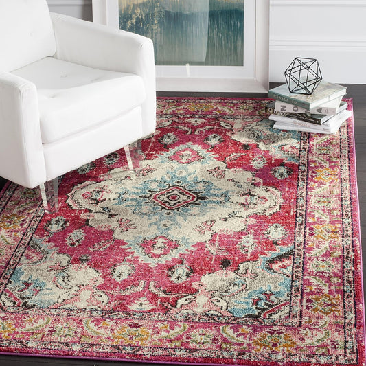 Monaco Collection Accent Rug - 4' X 5'7", Pink & Multi, Boho Medallion Distressed Design, Non-Shedding & Easy Care, Ideal for High Traffic Areas in Entryway, Living Room, Bedroom (MNC243D)