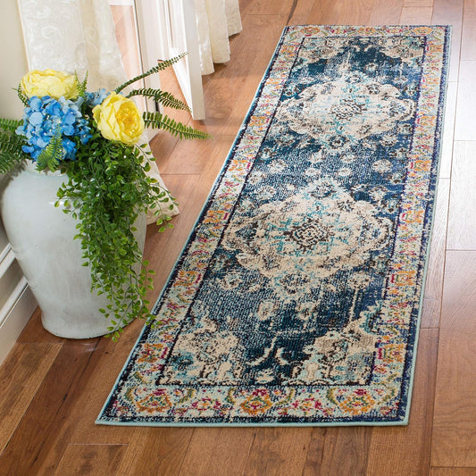 Monaco Collection Runner Rug - 2'2" X 6', Navy & Light Blue, Boho Chic Medallion Distressed Design, Non-Shedding & Easy Care, Ideal for High Traffic Areas in Living Room, Bedroom (MNC243N)