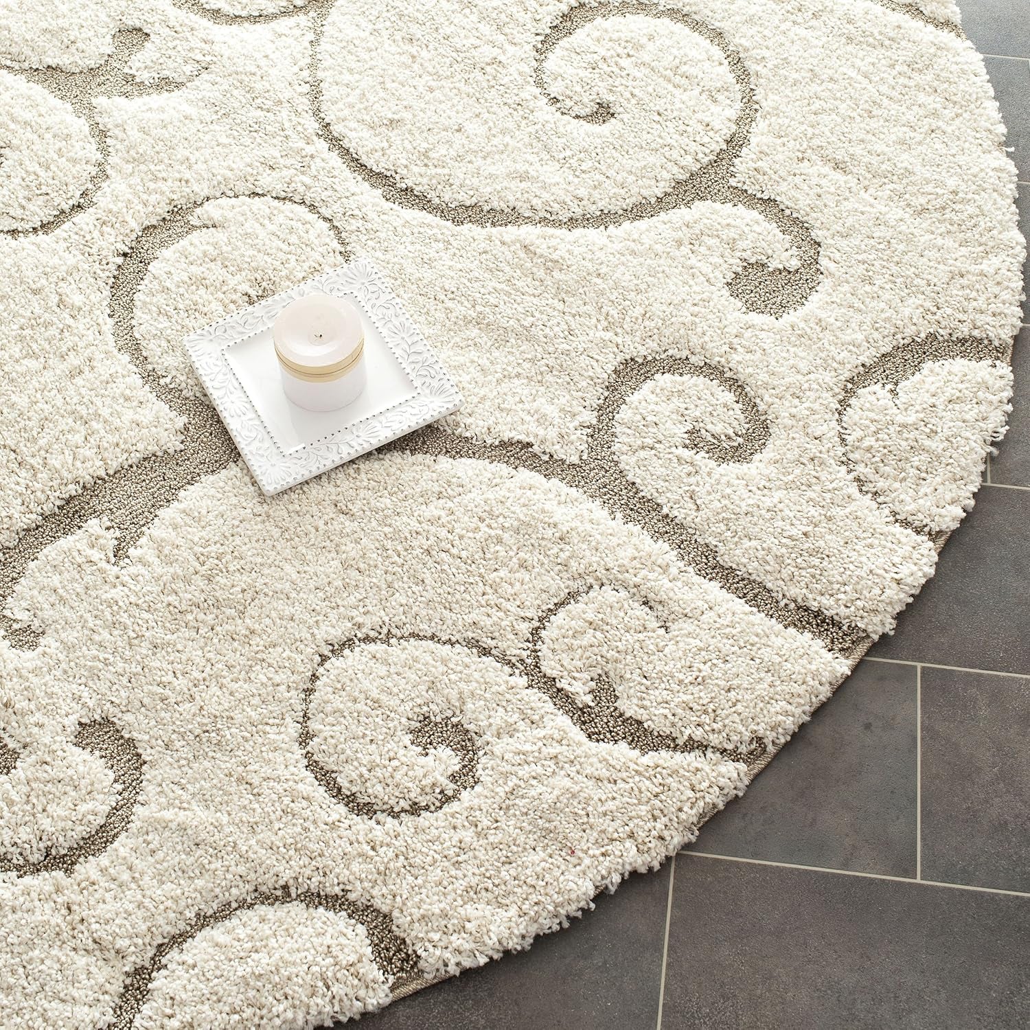 Florida Shag Collection Area Rug - 9' Round, Cream & Beige, Scroll Design, Non-Shedding & Easy Care, 1.2-Inch Thick Ideal for High Traffic Areas in Living Room, Bedroom (SG455-1113)