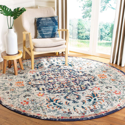 Madison Collection Area Rug - 6'7" Round, Beige & Black, Boho Chic Medallion Distressed Design, Non-Shedding & Easy Care, Ideal for High Traffic Areas in Living Room, Bedroom (MAD447B)