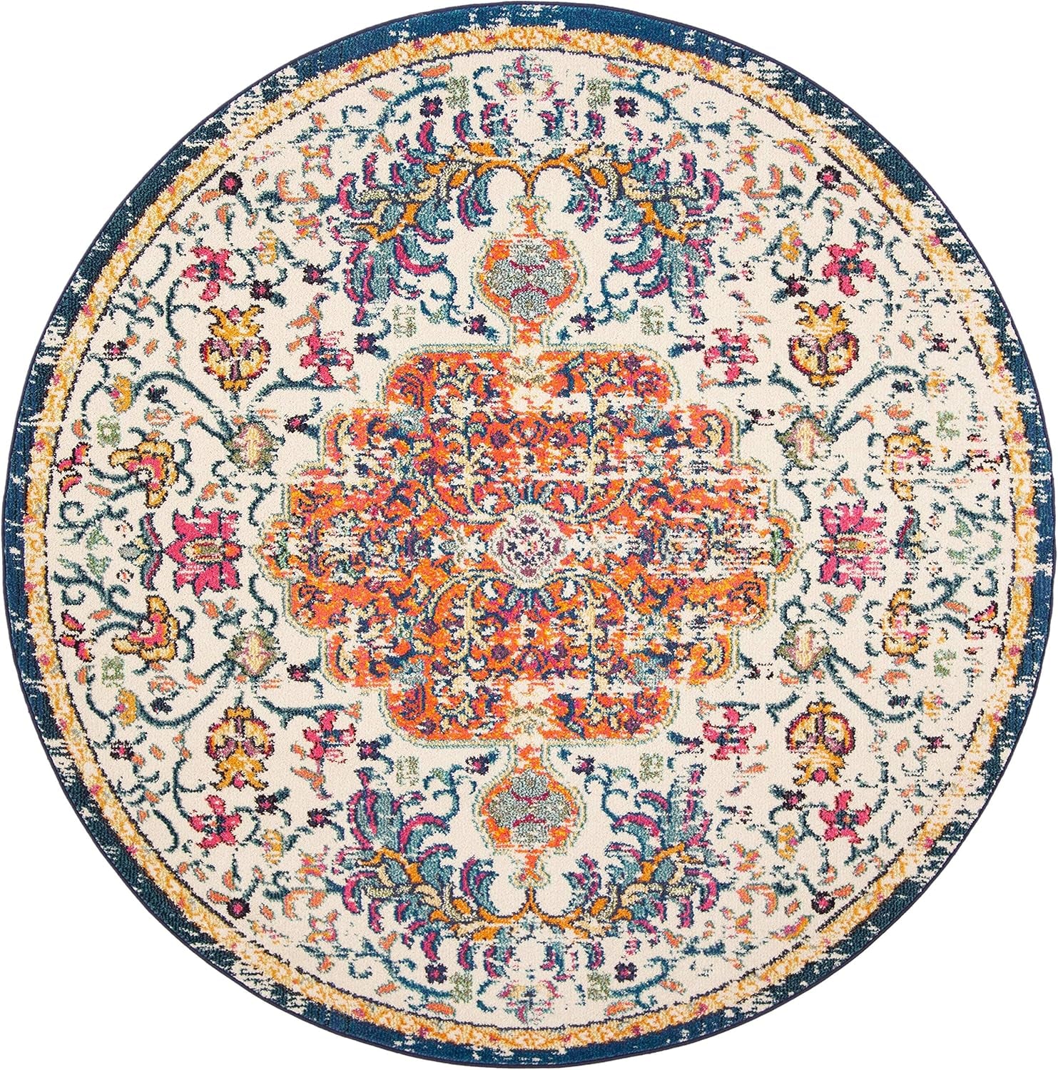 Madison Collection Area Rug - 6'7" Round, Ivory & Orange, Boho Chic Medallion Distressed Design, Non-Shedding & Easy Care, Ideal for High Traffic Areas in Living Room, Bedroom (MAD447A)