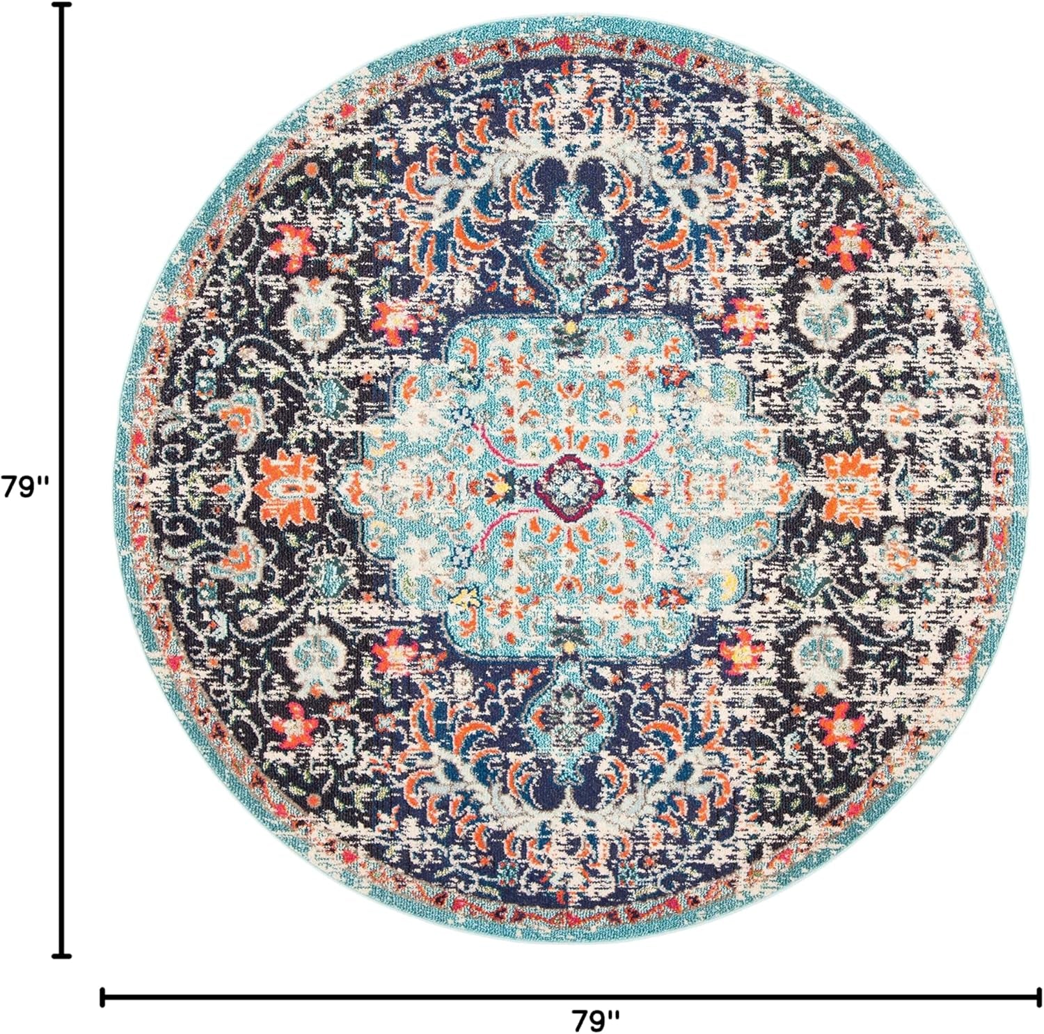 Madison Collection Area Rug - 6'7" Round, Black & Teal, Boho Chic Medallion Distressed Design, Non-Shedding & Easy Care, Ideal for High Traffic Areas in Living Room, Bedroom (MAD447Z)