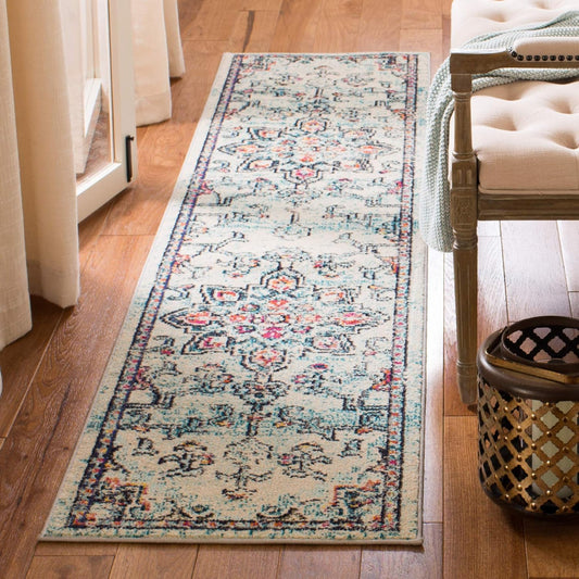 Madison Collection Runner Rug - 2' X 8', Cream & Blue, Boho Chic Medallion Distressed Design, Non-Shedding & Easy Care, Ideal for High Traffic Areas in Living Room, Bedroom (MAD473B)