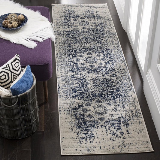 Madison Collection Runner Rug - 2'3" X 16', Cream & Navy, Snowflake Medallion Distressed Design, Non-Shedding & Easy Care, Ideal for High Traffic Areas in Living Room, Bedroom (MAD603D)