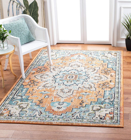 Madison Collection Area Rug - 6' X 9', Orange & Teal, Boho Chic Medallion Distressed Design, Non-Shedding & Easy Care, Ideal for High Traffic Areas in Living Room, Bedroom (MAD473P)