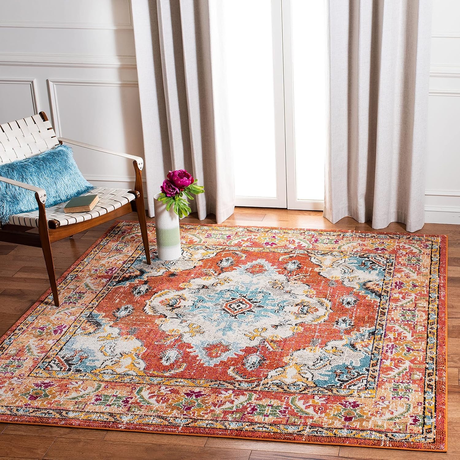 Monaco Collection Area Rug - 11' Square, Orange & Light Blue, Boho Chic Medallion Distressed Design, Non-Shedding & Easy Care, Ideal for High Traffic Areas in Living Room, Bedroom (MNC243H)