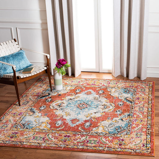 Monaco Collection Area Rug - 11' Square, Orange & Light Blue, Boho Chic Medallion Distressed Design, Non-Shedding & Easy Care, Ideal for High Traffic Areas in Living Room, Bedroom (MNC243H)