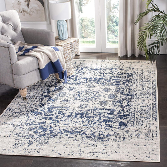 Madison Collection Accent Rug - 4' X 6', Cream & Navy, Snowflake Medallion Distressed Design, Non-Shedding & Easy Care, Ideal for High Traffic Areas in Foyer, Living Room, Bedroom (MAD603D)