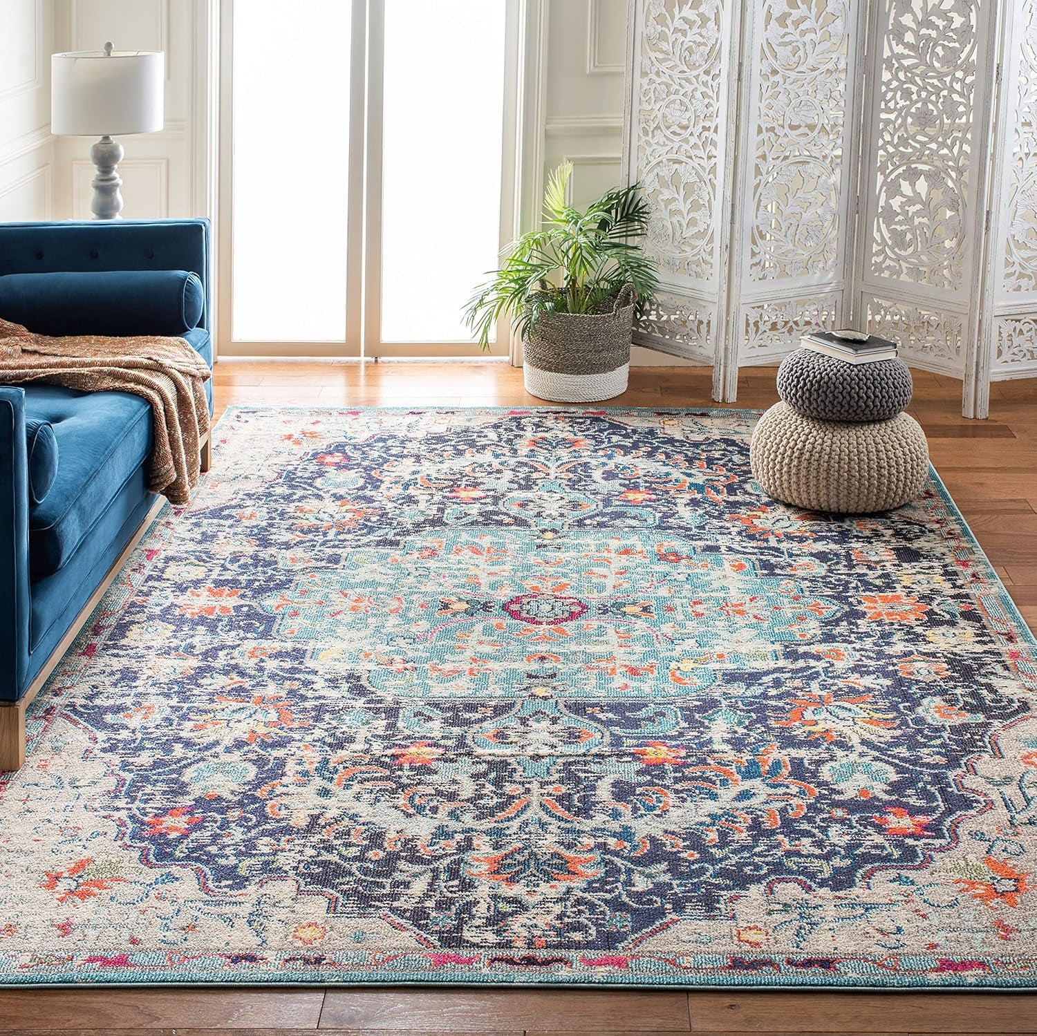 Area Rug 8X10 - Madison Collection - Large - Black & Teal, Boho Chic Medallion Distressed Design, Non-Shedding & Easy Cleaning, Ideal for Living Room, Bedroom, Office, Dining Space (MAD447Z)