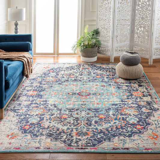 Area Rug 8X10 - Madison Collection - Large - Black & Teal, Boho Chic Medallion Distressed Design, Non-Shedding & Easy Cleaning, Ideal for Living Room, Bedroom, Office, Dining Space (MAD447Z)