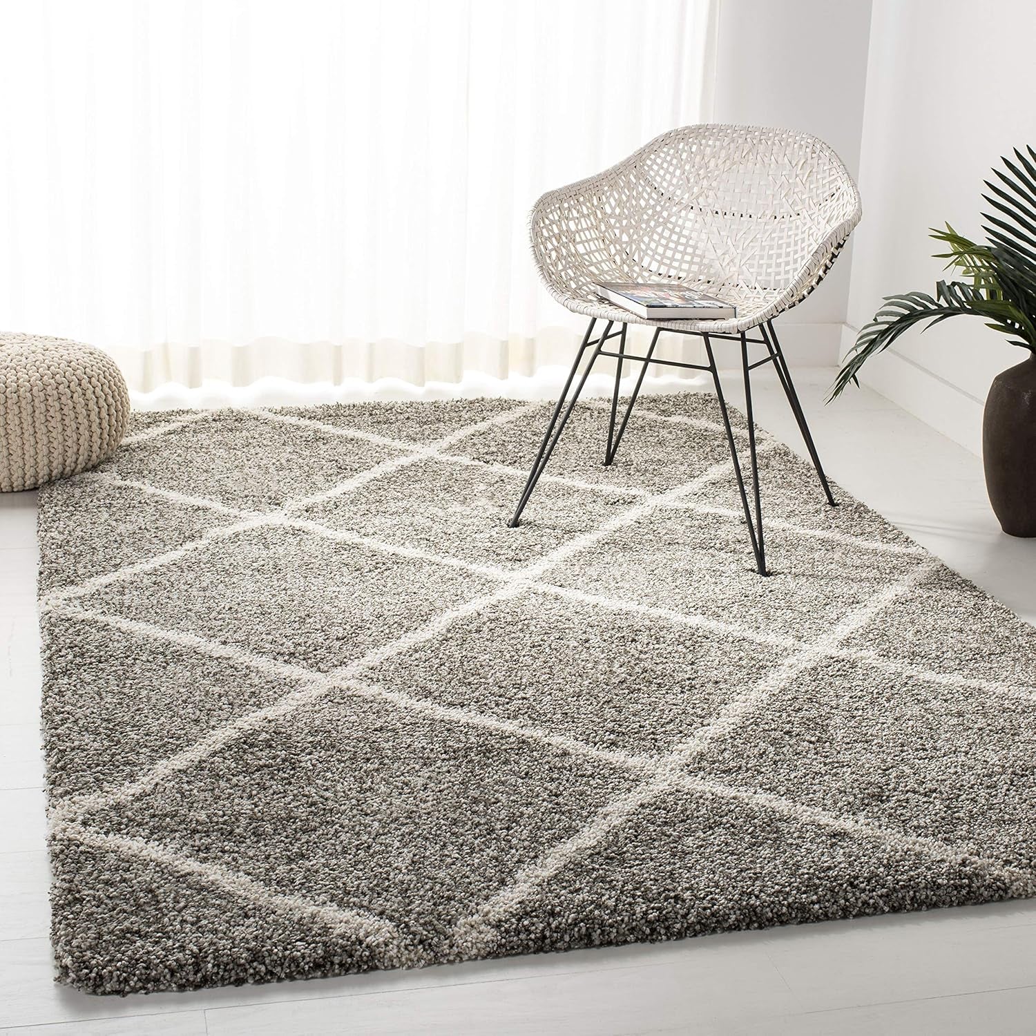 Hudson Shag Collection Area Rug - 5'3" X 7'6", Grey & Ivory, Modern Trellis Design, Non-Shedding & Easy Care, 2-Inch Thick Ideal for High Traffic Areas in Living Room, Bedroom (SGH281B)