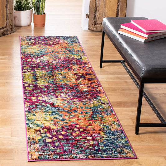 Monaco Collection Runner Rug - 2'2" X 8', Pink & Multi, Boho Chic Abstract Watercolor Design, Non-Shedding & Easy Care, Ideal for High Traffic Areas in Living Room, Bedroom (MNC225D)