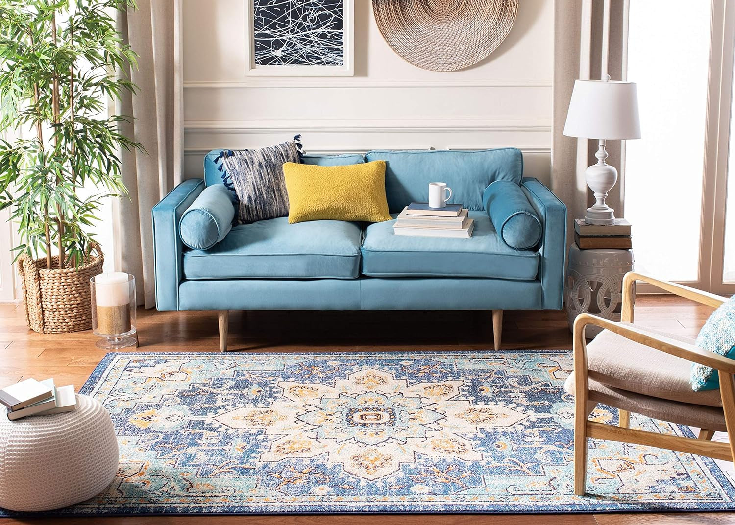 Area Rug 8X10 - Madison Collection - Large - Blue & Light Blue, Boho Chic Medallion Distressed Design, Non-Shedding & Easy Cleaning, Ideal for Living Room, Bedroom, Dining Space (MAD473M)