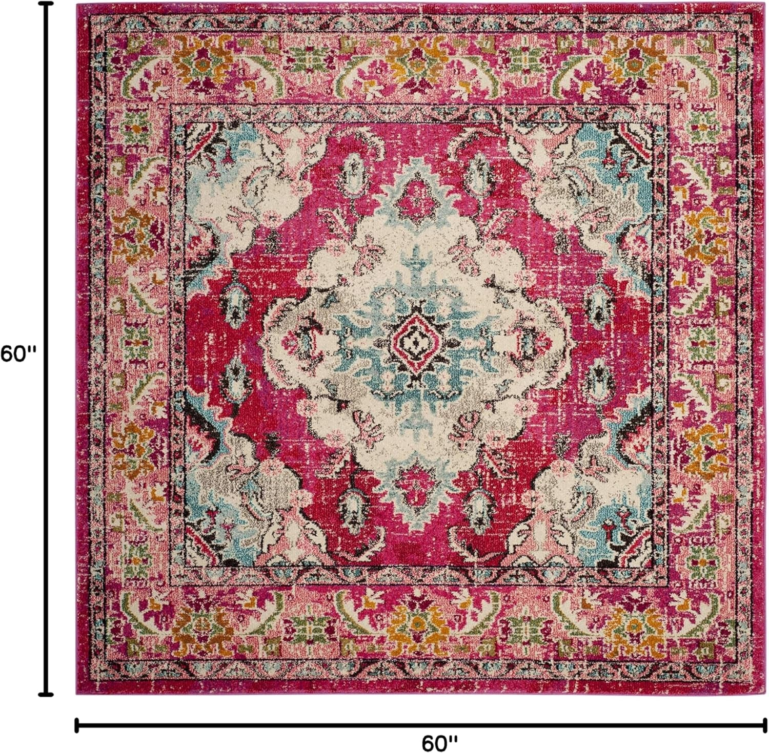 Monaco Collection Area Rug - 5' Square, Pink & Multi, Boho Chic Medallion Distressed Design, Non-Shedding & Easy Care, Ideal for High Traffic Areas in Living Room, Bedroom (MNC243D)